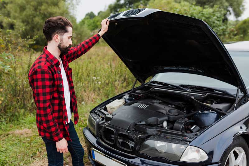 Ihr regionaler Autoankauf-Service – Schnell, fair und unkompliziert Eine Person in einem roten karierten Hemd inspiziert die offene Motorhaube eines schwarzen Autos, umgeben von Grün in einer ländlichen Umgebung.